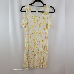 Gorgeous Yellow and Orange Floral Cold Shoulder Midi Dress Size Small